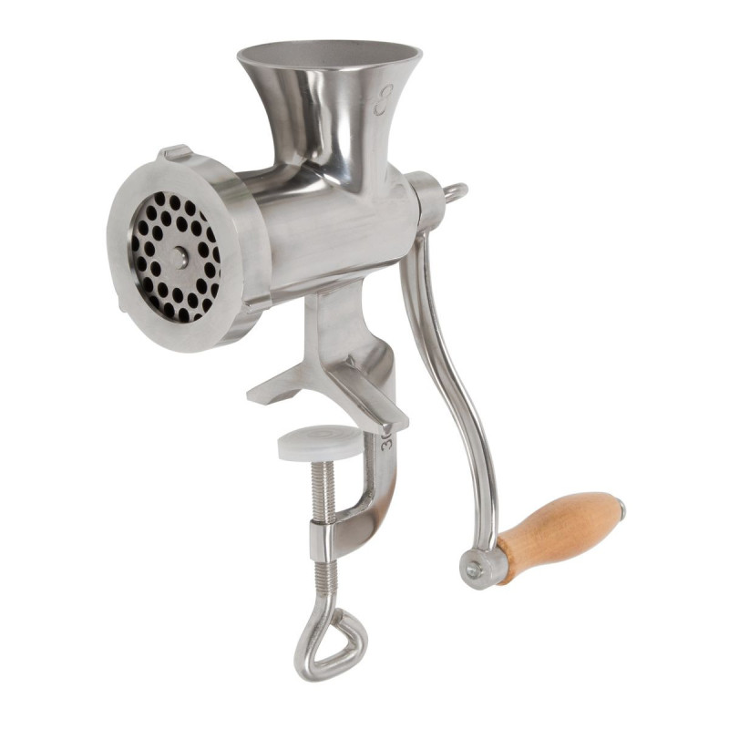 Hachoir à viande manuel n° 8 - inox - grille 6,5 mm - serre joint - 17,5 x 7,5 x 25 cm - 0,7 kg / mn 